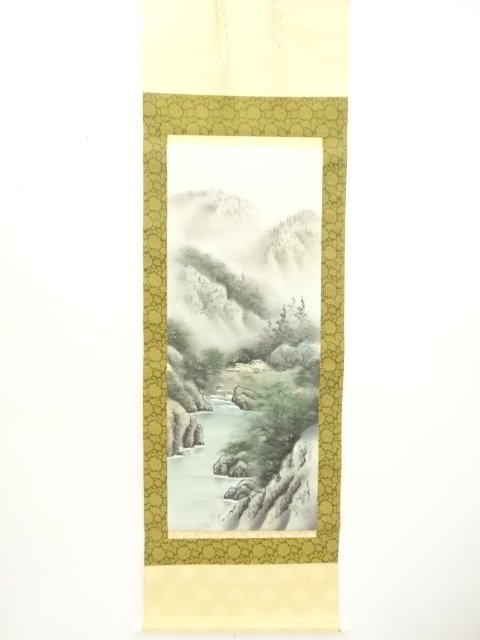 青峯筆　彩色山水　肉筆絹本掛軸